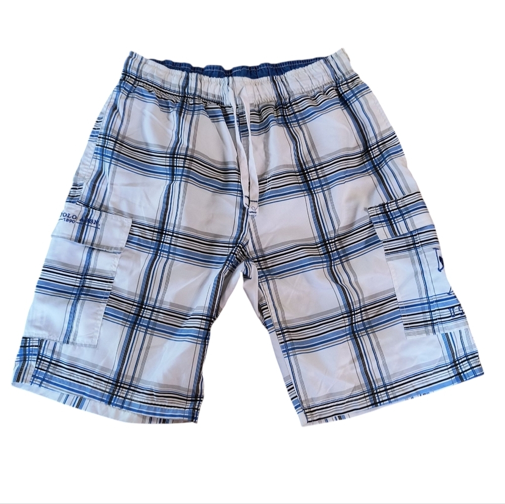 US Polo Assn Men's Blue and White Plaid Cargo Shorts/Swim Trunks Size M